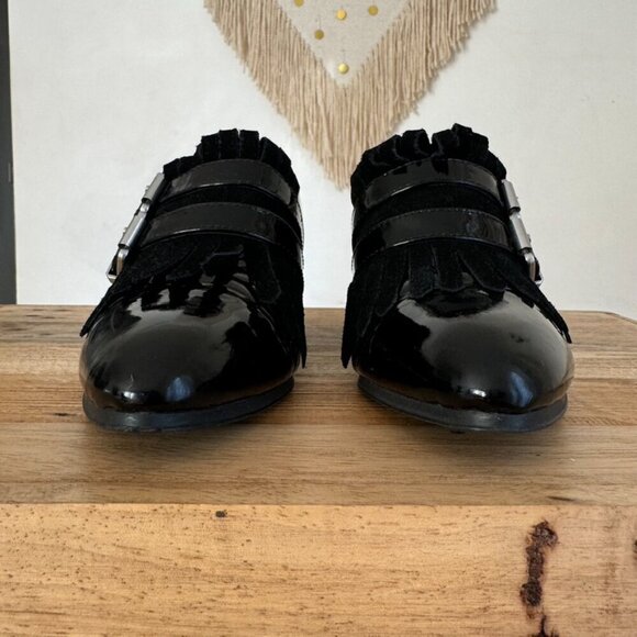 Shellys London Salisbury Black Patent Leather Fringe Silver Buckle Loafer Size 6 - Picture 4 of 17